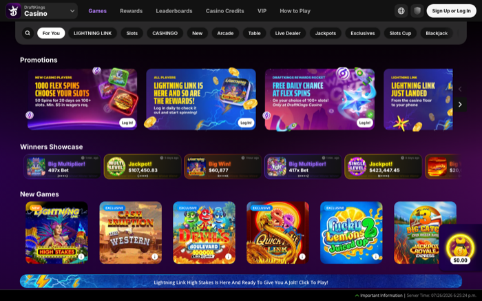 DraftKings Casino homepage as captured 2026-07-26