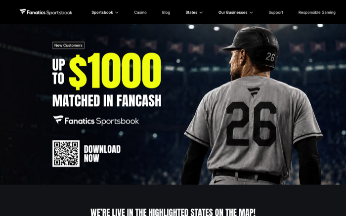 Fanatics Sportsbook homepage as captured 2026-07-26